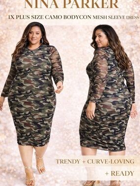 Nina Parker 1X Plus Size Camo Bodycon Mesh Sleeve Dress NWT Trendy
